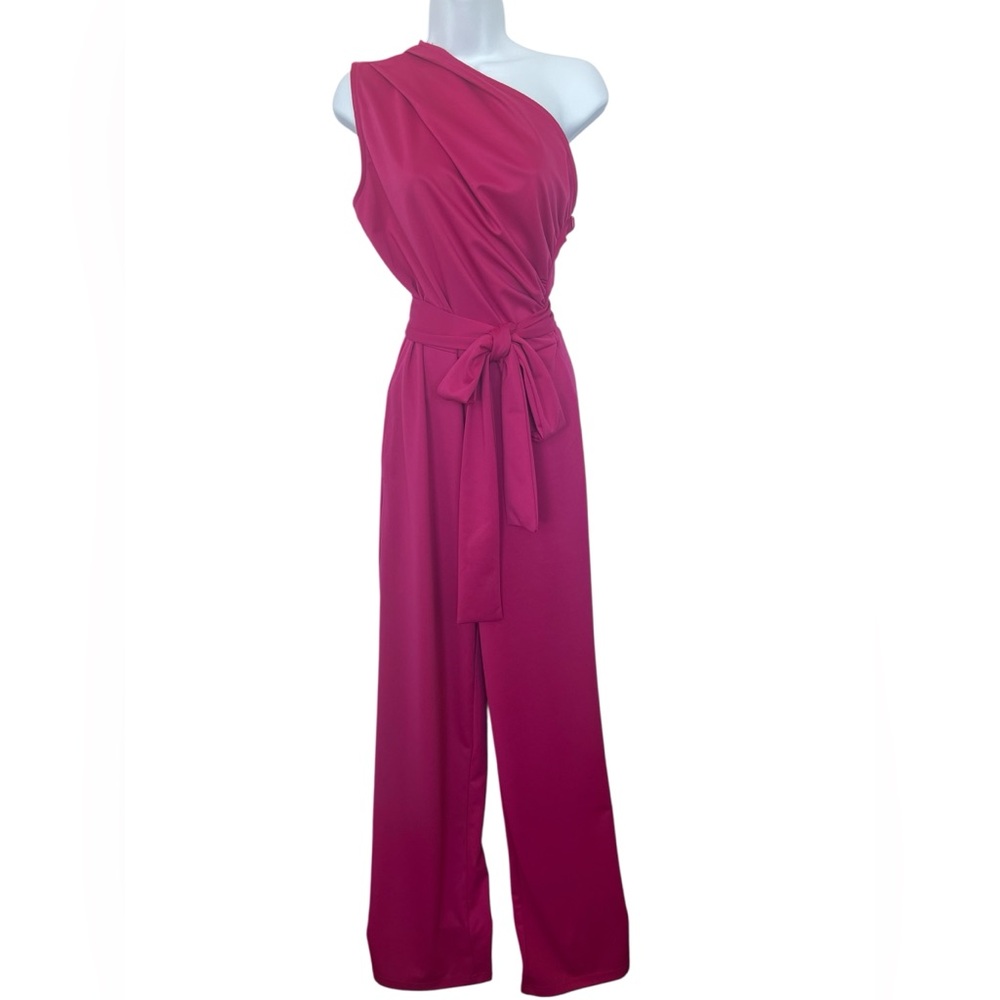 🆕 💖 NWOT One-Shoulder Hot Pink Belted Jumpsuit | Wide Leg | Women’s Medium